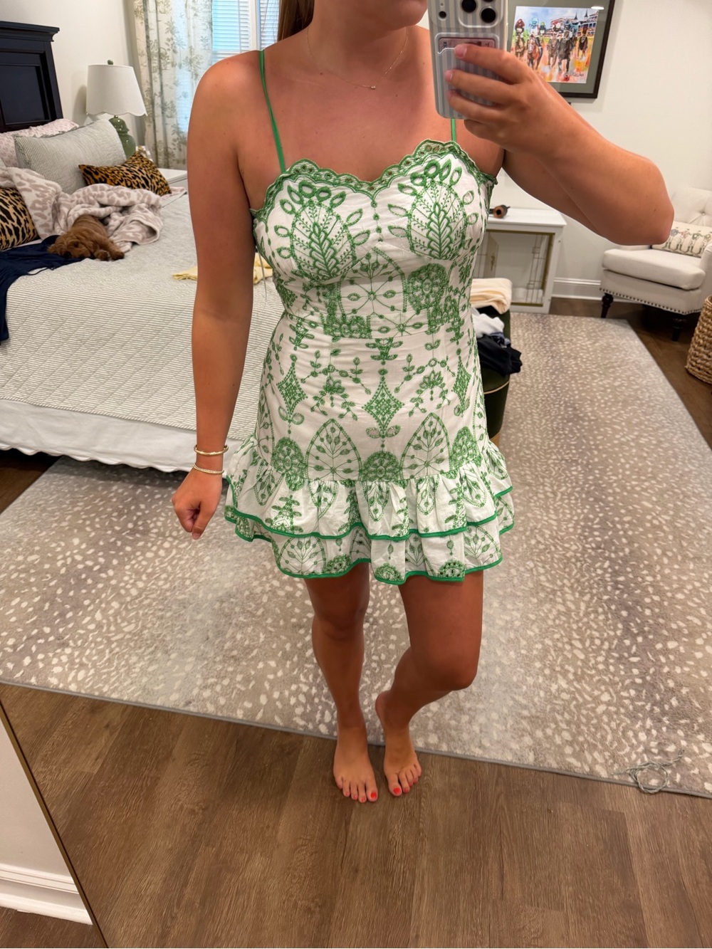 White & Green Embroidered Spaghetti-Strap Mini Dress